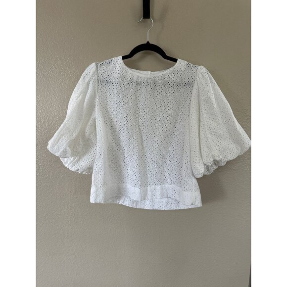Joe's Women's White Eyelet Puffy Sleeve Blouse, size medium pullover 100% cotton - Picture 1 of 7